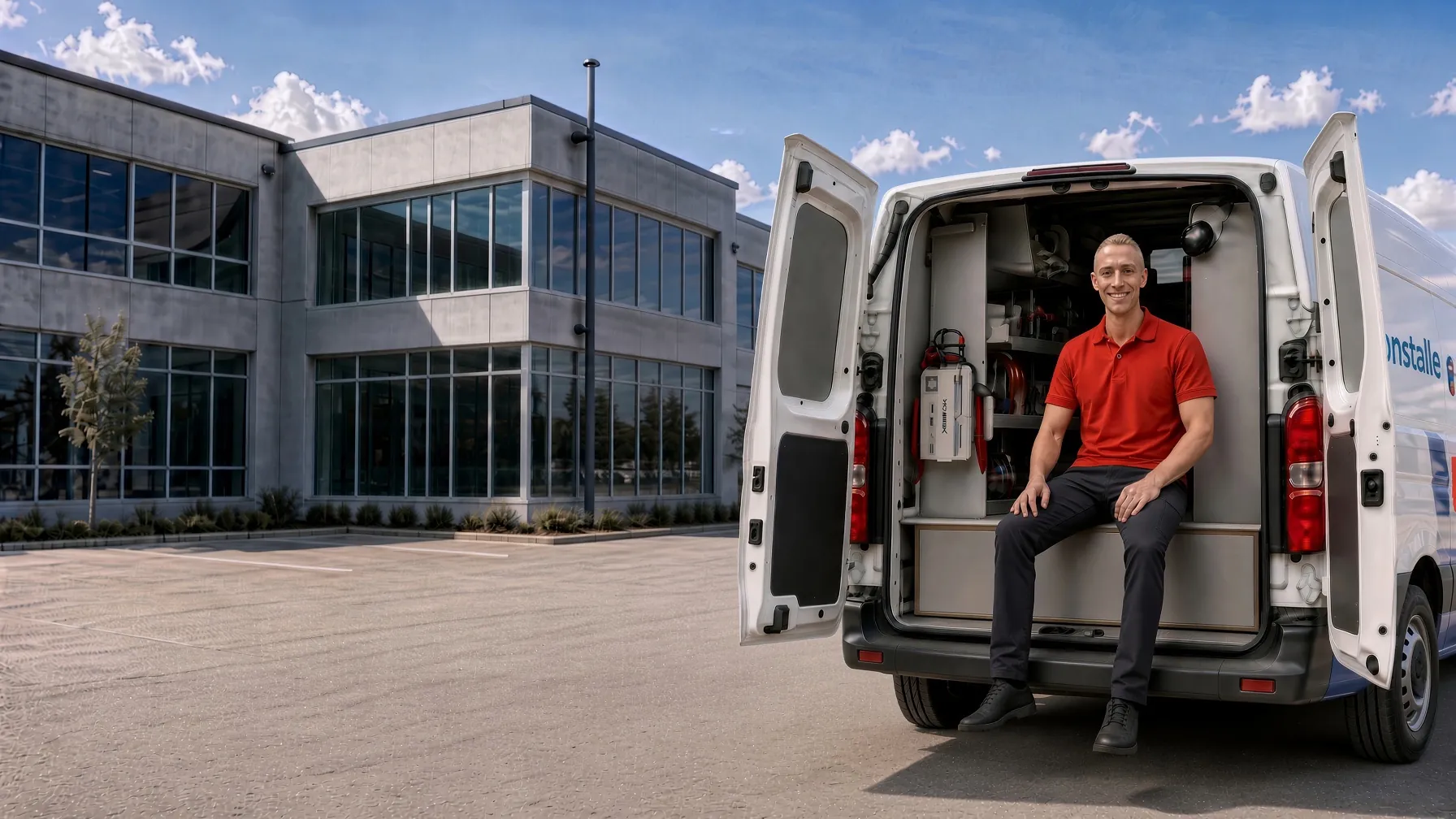 Monteur in rood poloshirt zit lachend achterin zijn ingerichte bus van de zaak